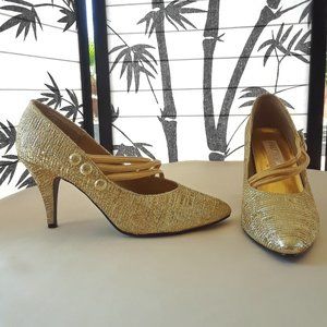 Vintage 1980s Disco Chic Gold Metallic Mary Jane Heels Size 7